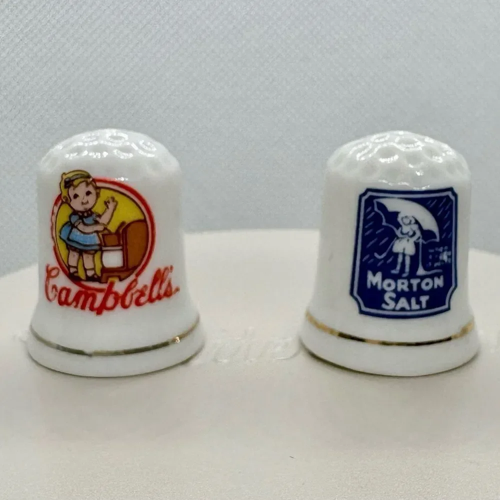 Vintage J.S. N.Y. Advertising Porcelain Thimbles Campbell’s & Morton Salt
